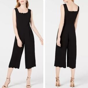 Monteau Black Cropped Wide Leg Jumpsuit Scallop Neck Sleeveless S Minimalist